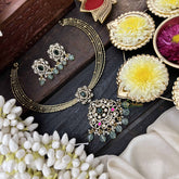 Vriksham Dual Peacock Gold-Plated With AD Stone Pendant Hasli Choker-Green-Green Bead-G20528